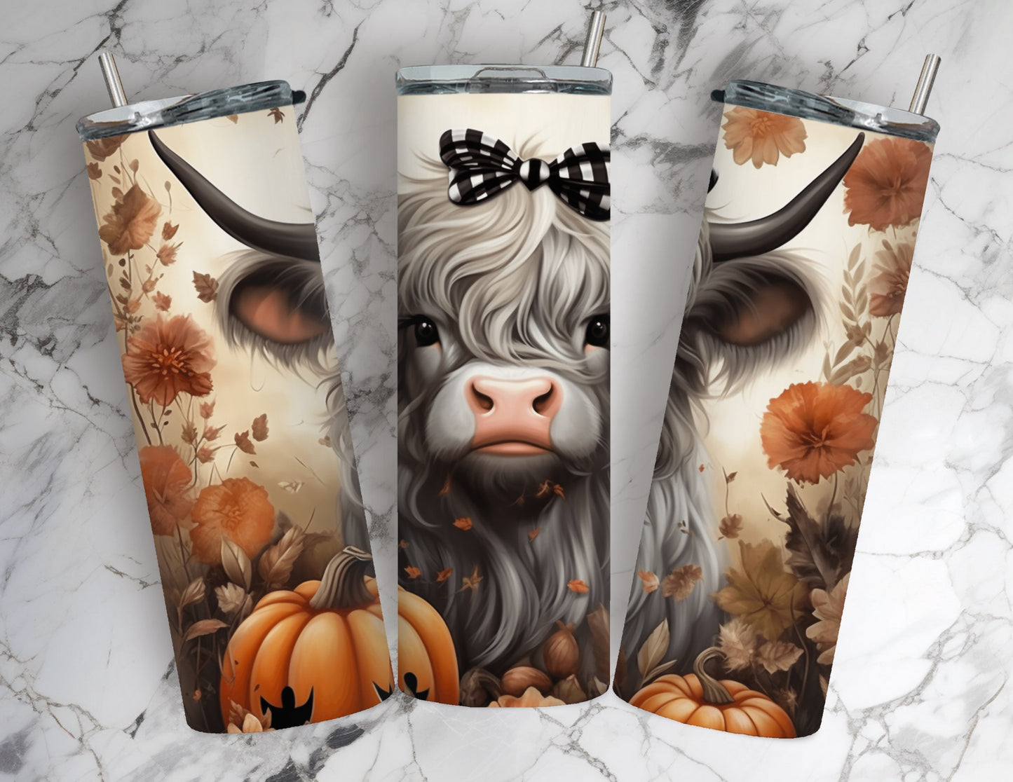 Grey Highland Cow - 20oz Stainless Steel Tumbler w/Lid & Straw