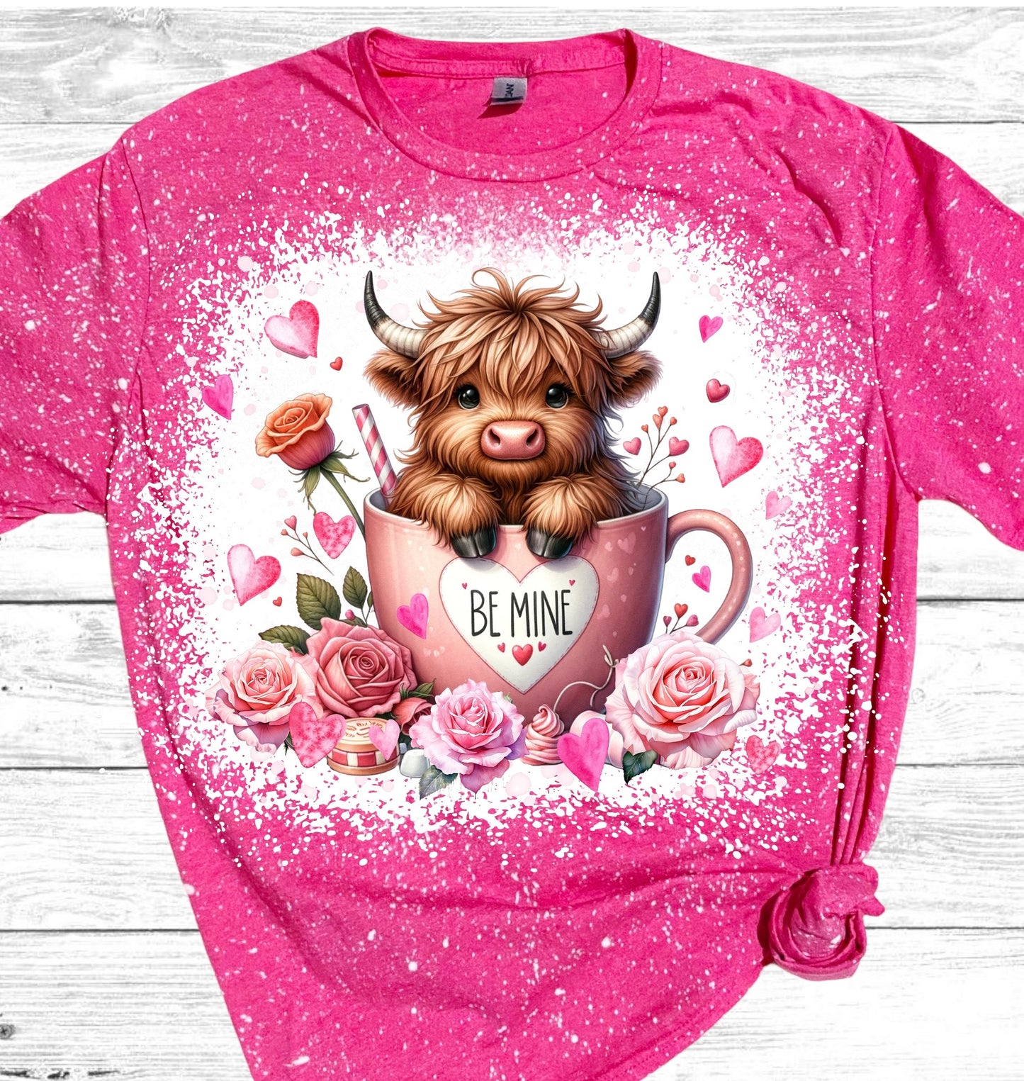 Highland Cow Valentine’s Be Mine Bleached T-Shirt