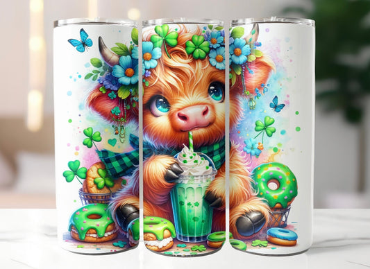 St Patrick’s Day Highland Cow Tumbler - 20oz Stainless Steel Tumbler w/Lid & Straw