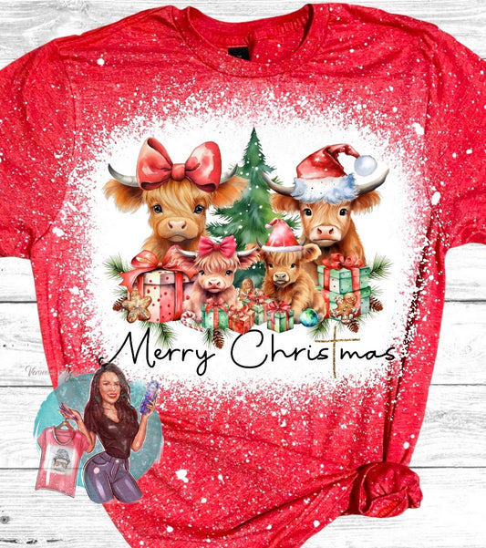 Christmas Highland Cows Family Bleached T-Shirt