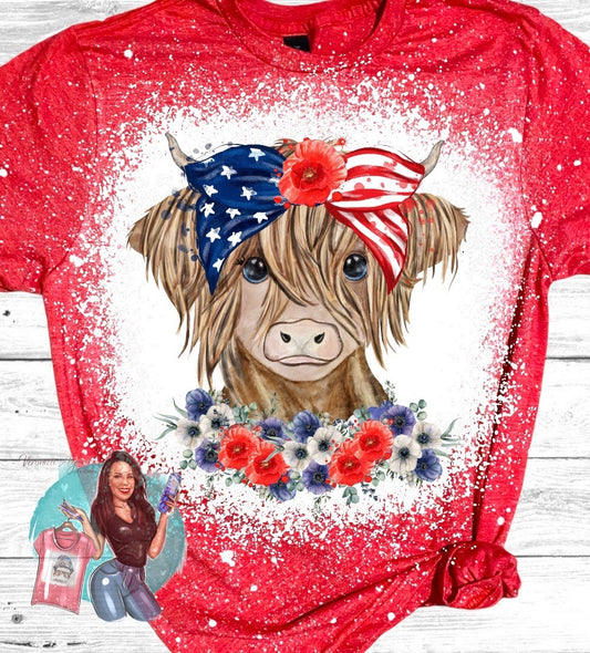 Patriotic Highland Cow Bleached T-Shirt