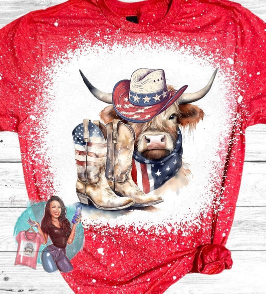 Patriotic Cowboy Cow Bleached T-Shirt