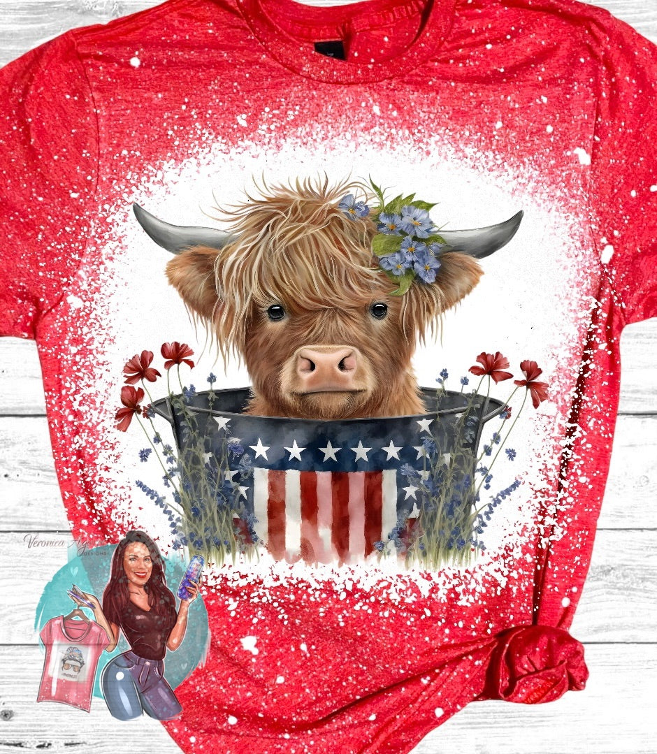 Patriotic Highland Cow Bleached T-Shirt