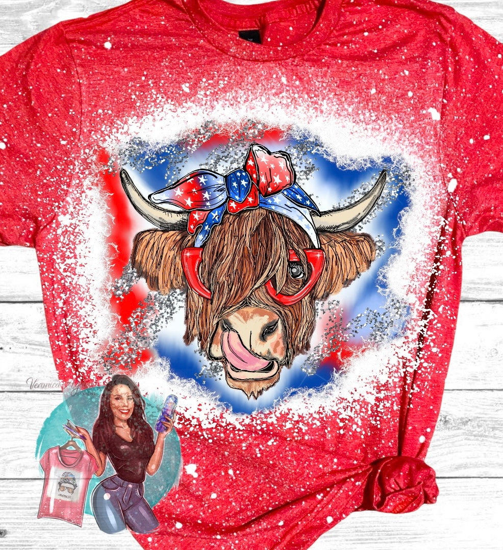 Patriotic Highland Cow Bleached T-Shirt