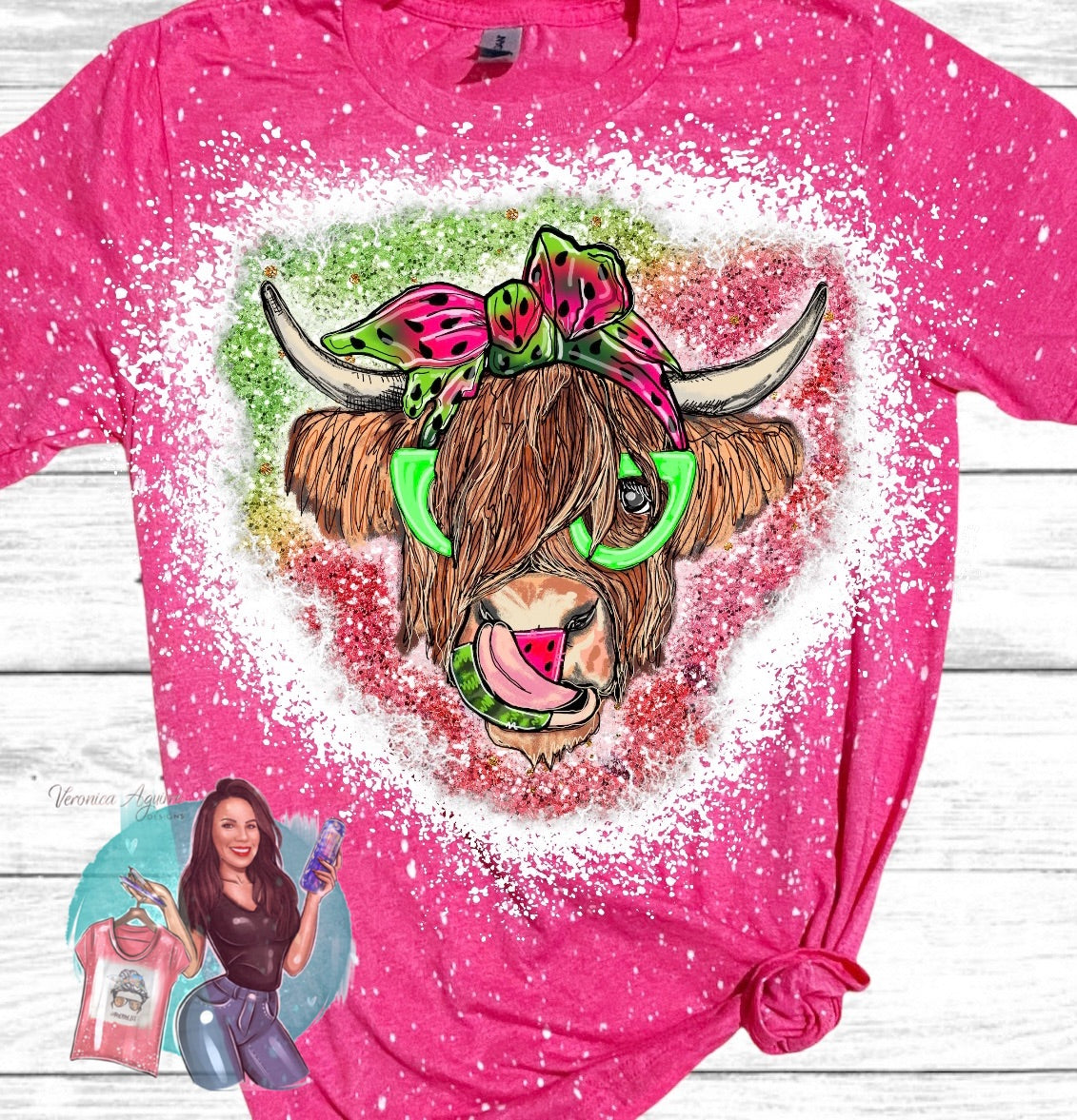 Watermelon Highland Cow Bleached T-Shirt