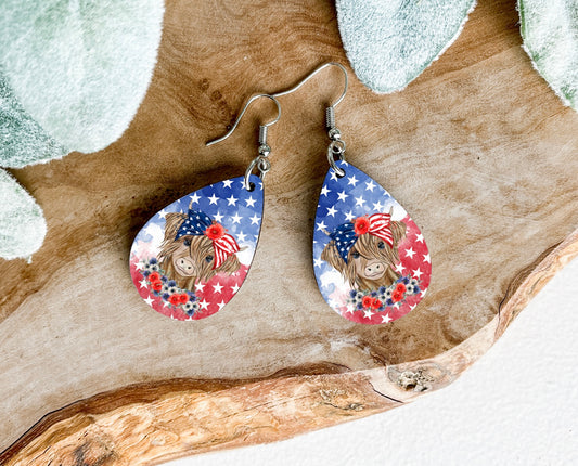 Patriotic Cow Teardrop Wooden Earrings