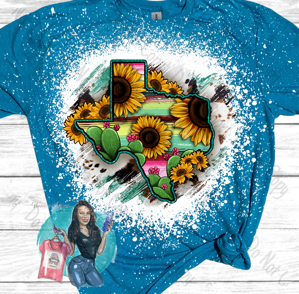 Texas Sunflowers Serape Cowhide Bleached T-Shirt