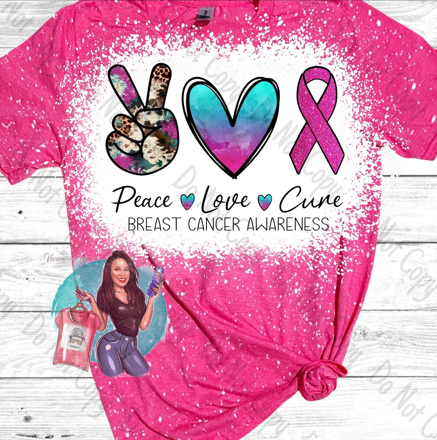 Peace Love Cure Breast Cancer Awareness Bleached T-Shirt