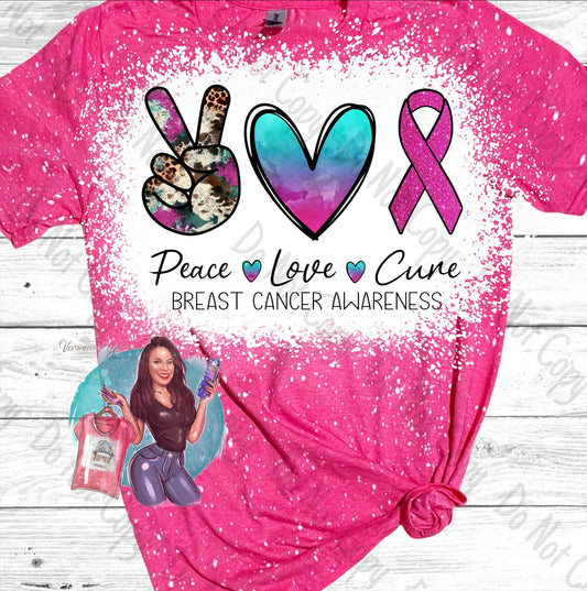 Peace Love Cure Breast Cancer Awareness Bleached T-Shirt