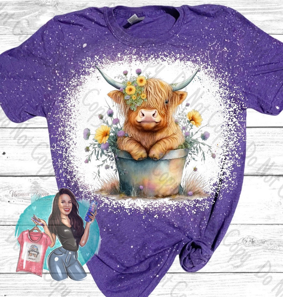 Highland Cow Bucket Spring Flowers Bleached T-Shirt