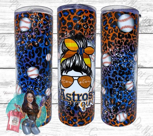 Texas Baseball Messy Bun Leopard - 20oz Stainless Steel Tumbler w/Lid & Straw