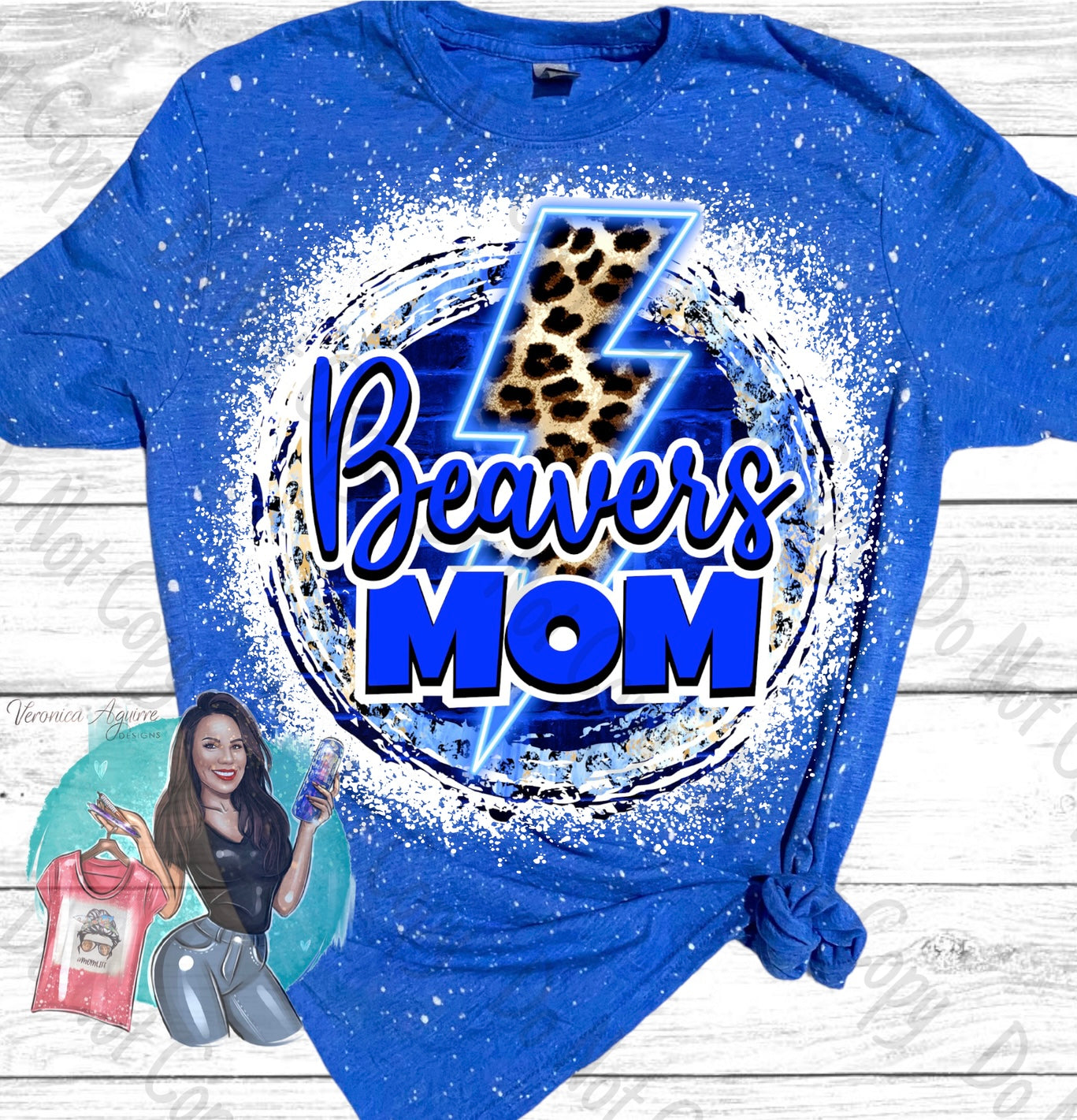 Falls City Beavers Mom Leopard Lighting Bolt Bleached T-Shirt