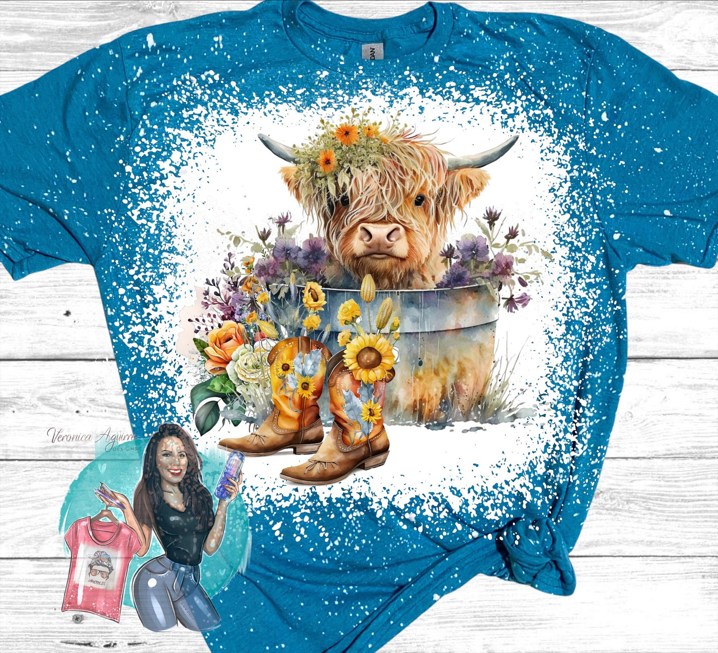 Highland Cow Bucket Boots Spring Flowers Bleached T-Shirt