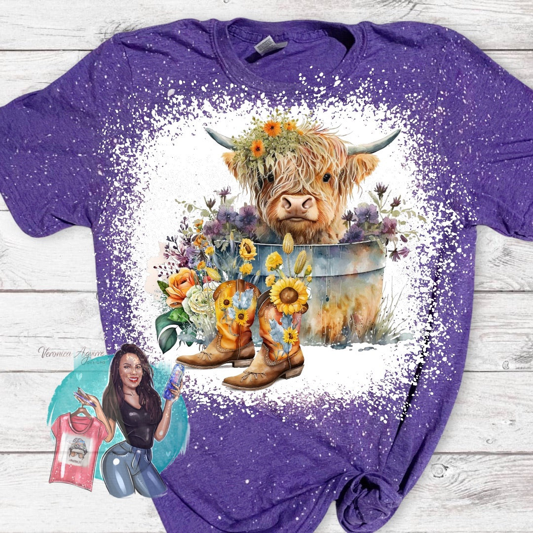 Highland Cow Bucket Boots Spring Flowers Bleached T-Shirt